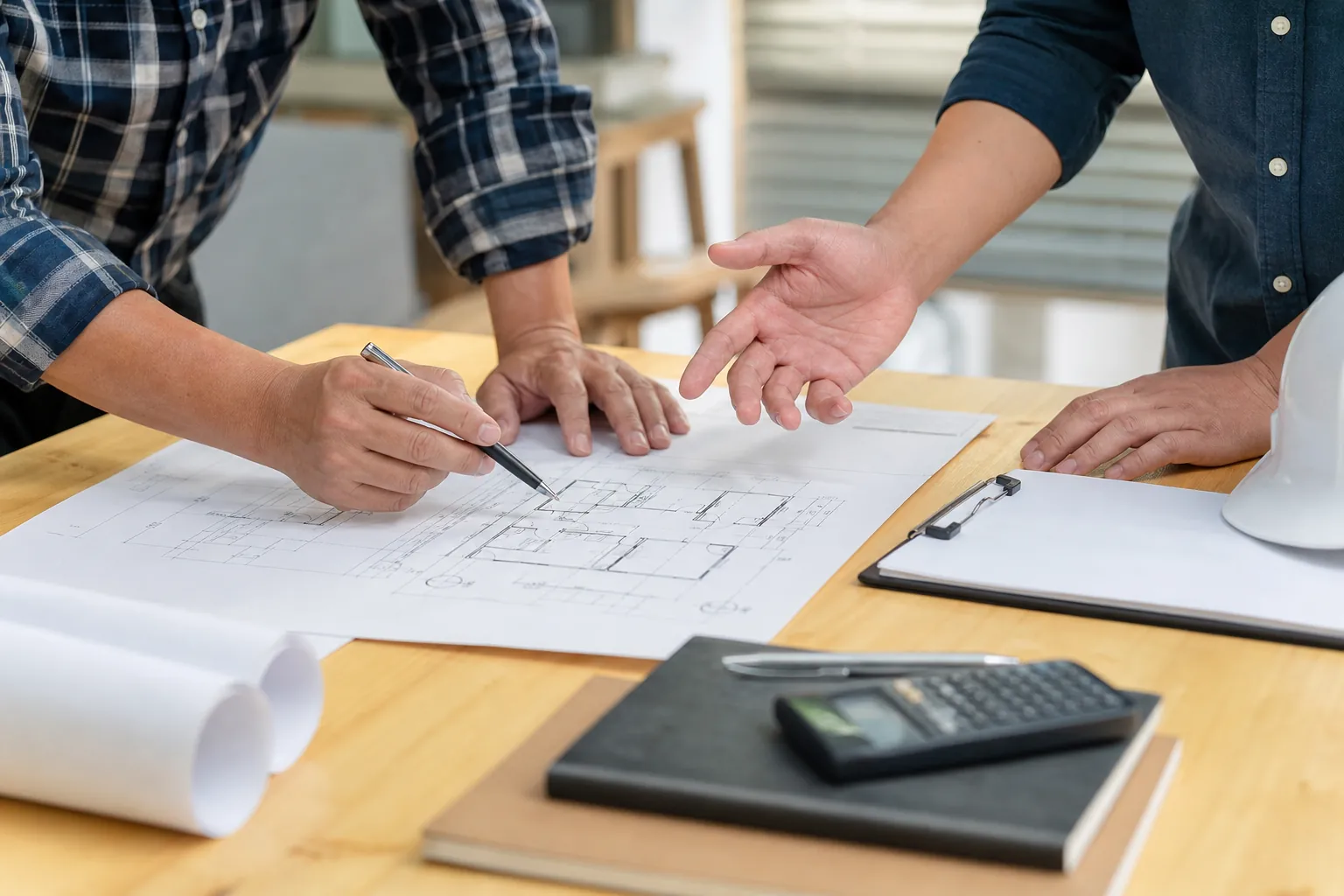 Reviewing Building Plans Before Preparing an Estimate Two people review building plans at a wooden table with a pen, calculator, clipboard, notebooks, and white hard hat.