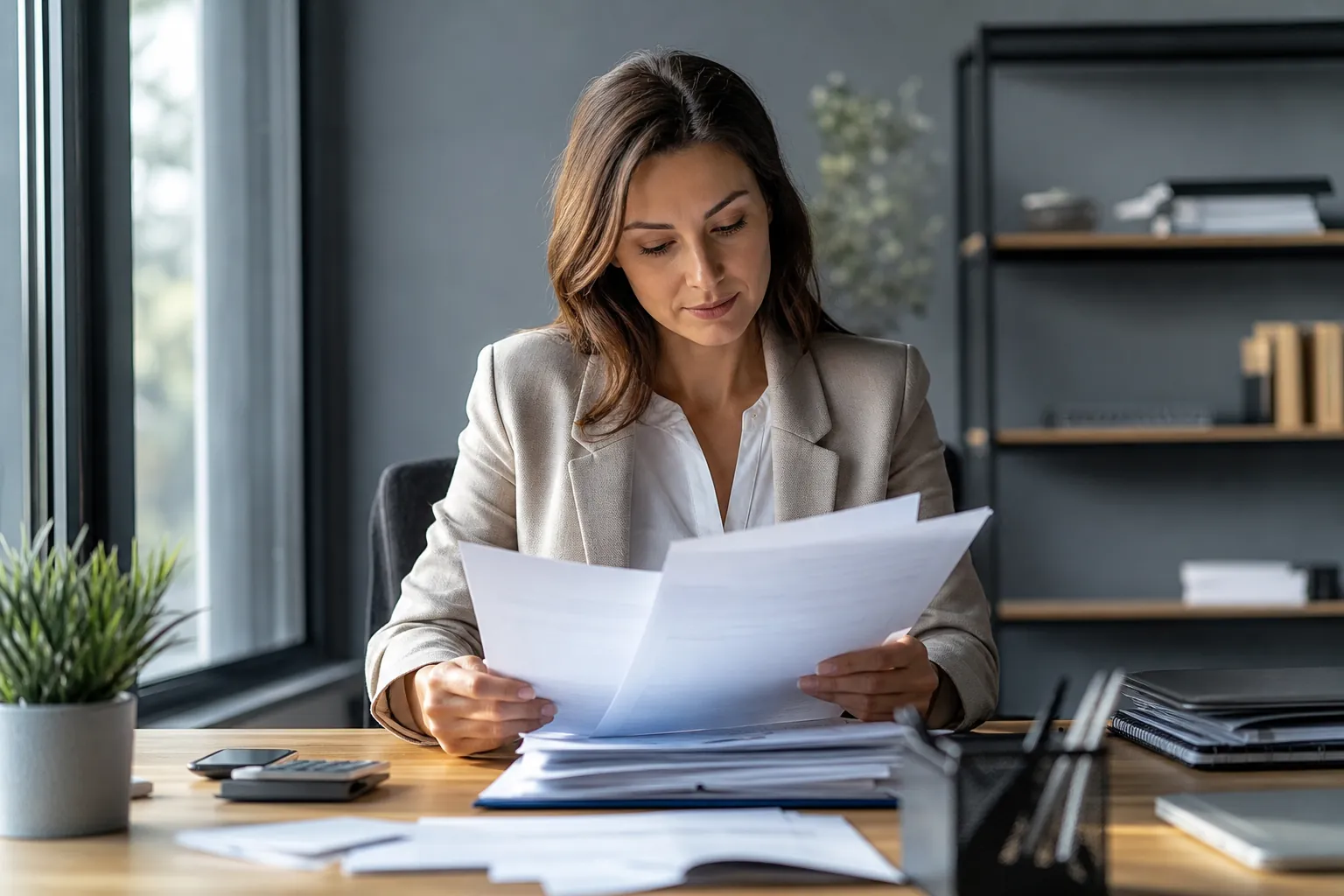 A woman in a gray blazer reviews papers at a wooden office desk with a calculator, folders, and a potted plant.
