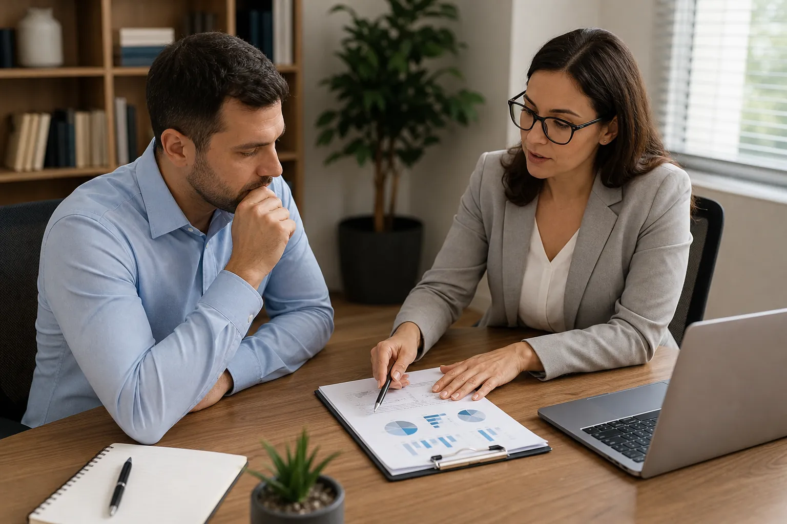 A woman with glasses points to charts on a clipboard while a man reviews them across a desk beside an open laptop.