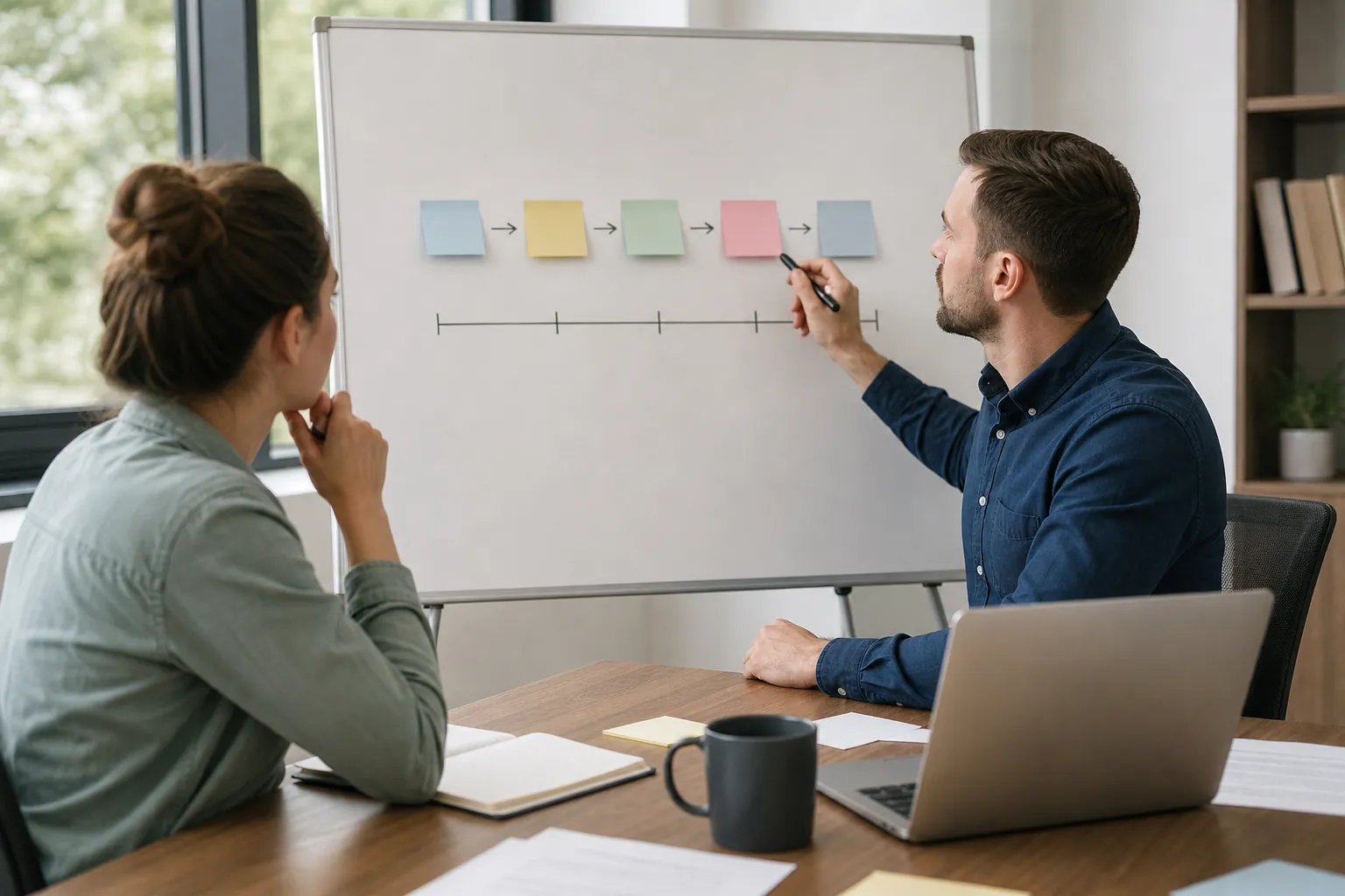 Two colleagues review a five-stage sticky-note flow on a whiteboard beside a table with a laptop, notebook, and mug.