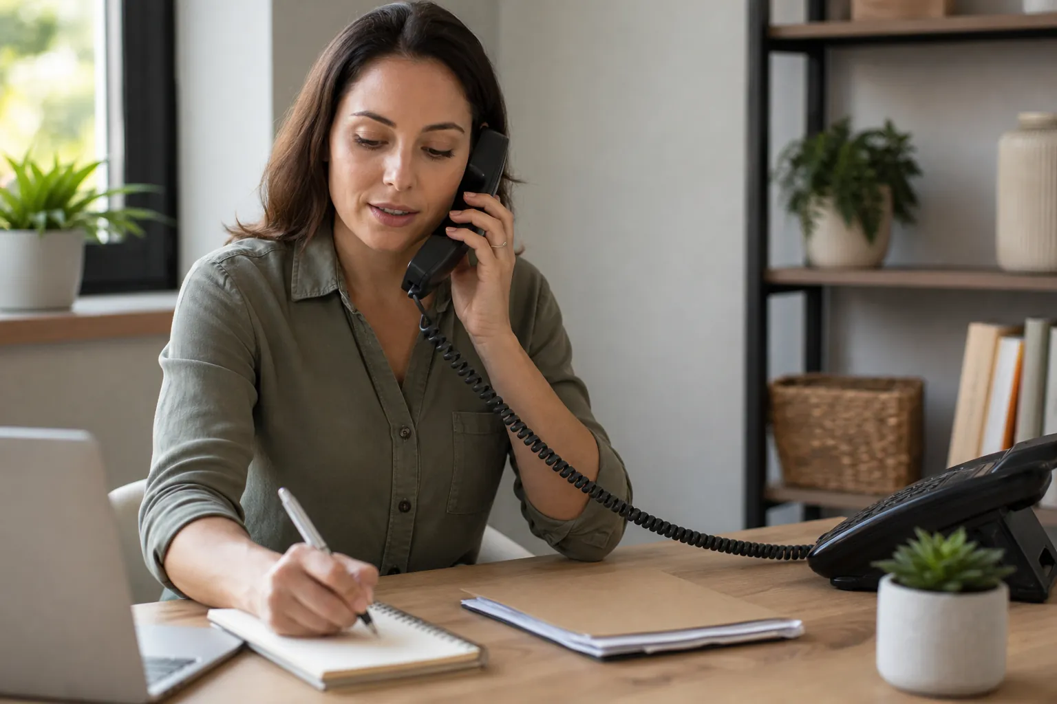 A woman speaks on a corded office phone while writing in a notebook, with a laptop and clipboard on her desk.