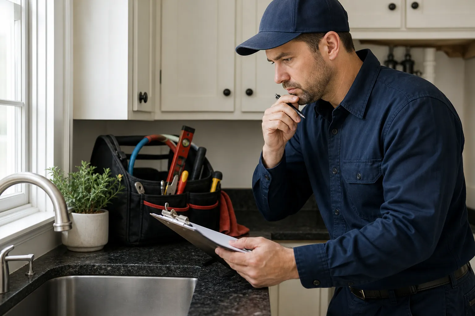 A man in navy work clothes studies a clipboard beside a kitchen sink, holding a pen near his chin with a tool bag nearby.