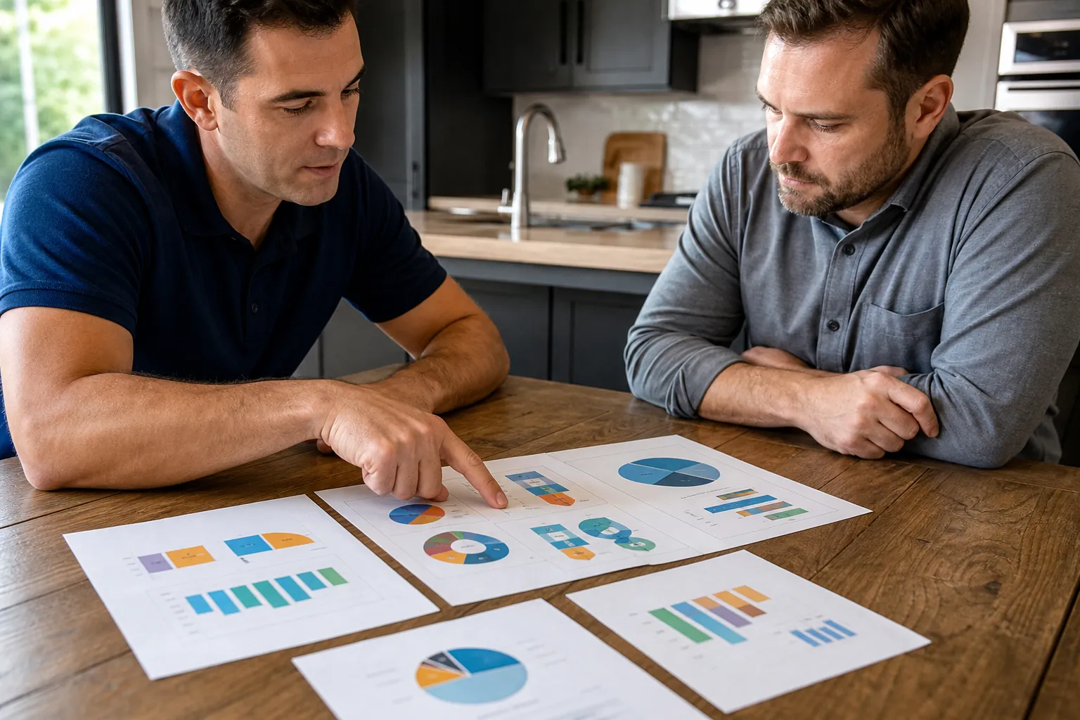 Two men review printed pie and bar charts at a wooden kitchen table, with one pointing to a chart.