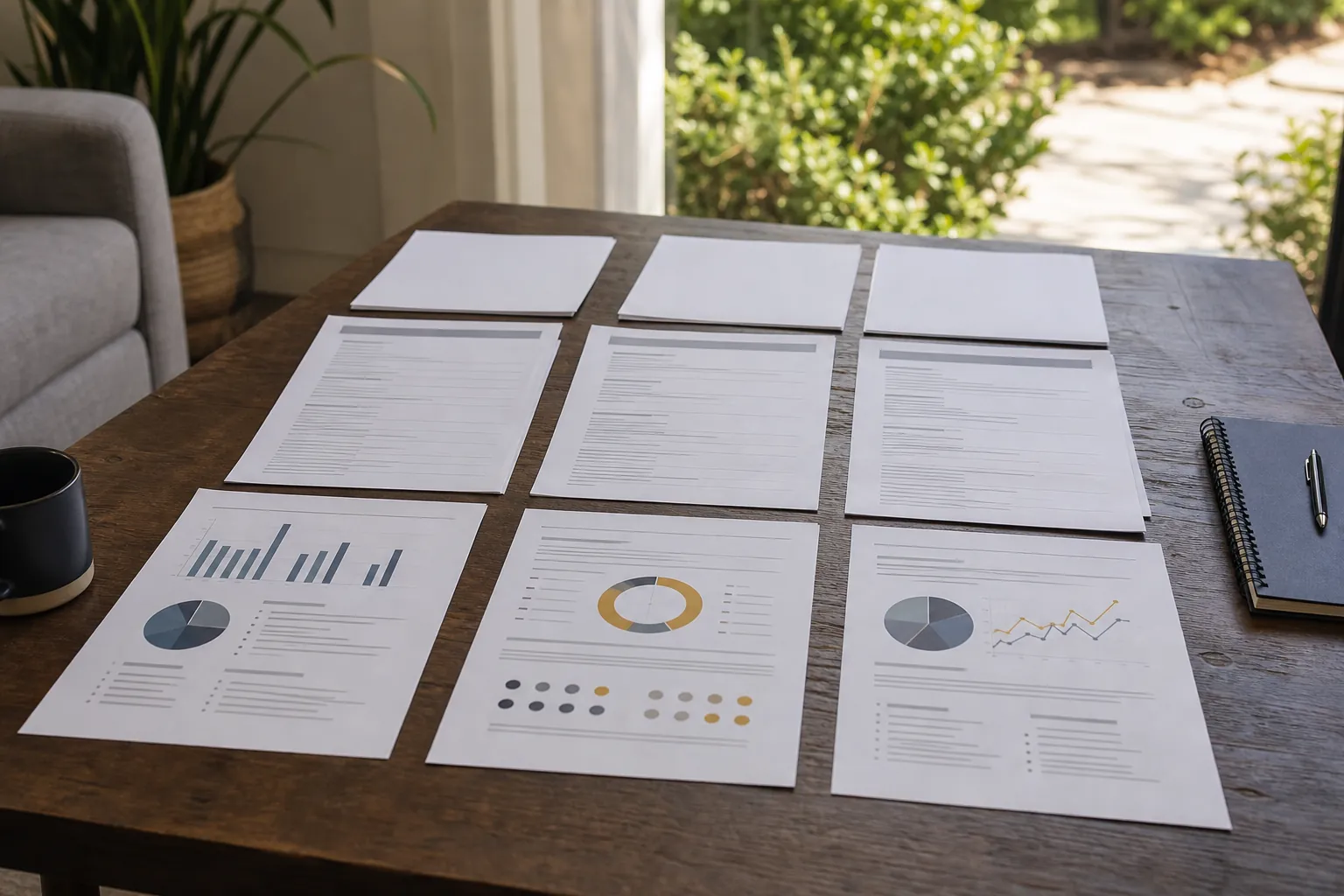 Three columns of documents with charts and blank cover sheets sit on a wooden table beside a mug, notebook and pen.
