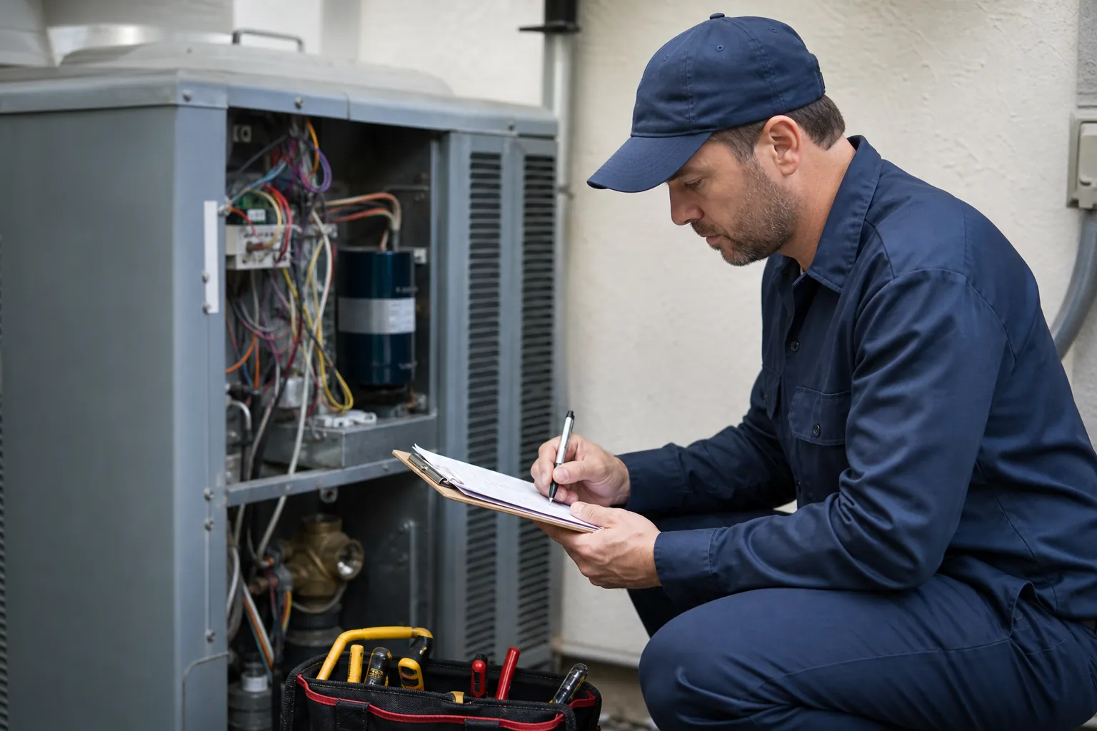 An HVAC technician in navy workwear writes on a clipboard beside an open outdoor unit with exposed wiring and a tool bag.