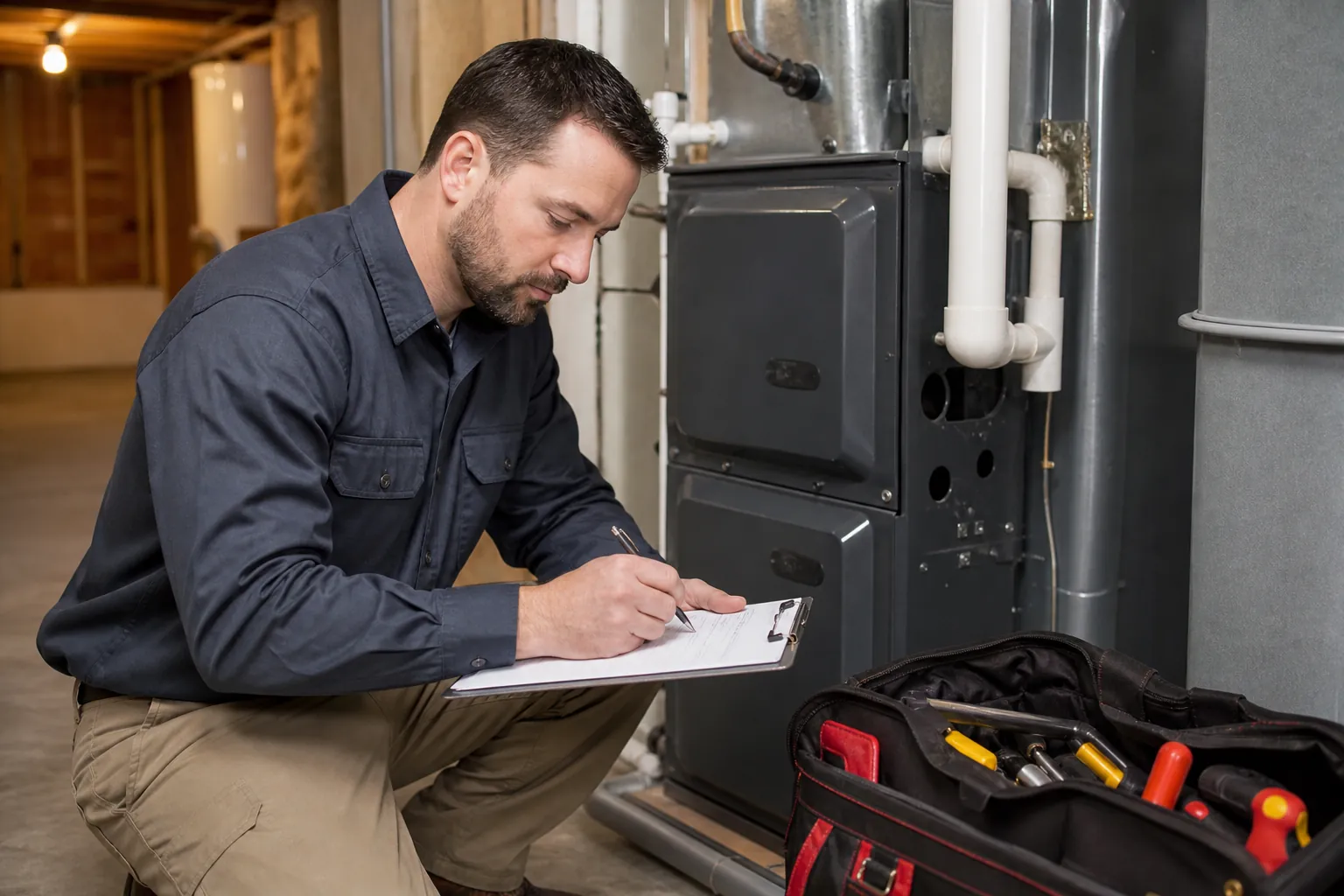 A kneeling HVAC technician writes on a clipboard beside a furnace, with an open tool bag in the foreground.