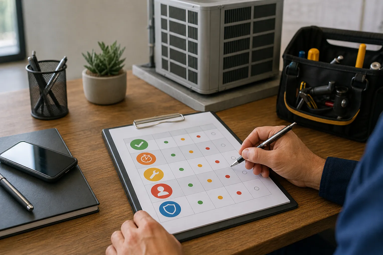 A person marks a color-coded service scorecard on a clipboard beside an HVAC unit, tool bag, phone, and notebook.