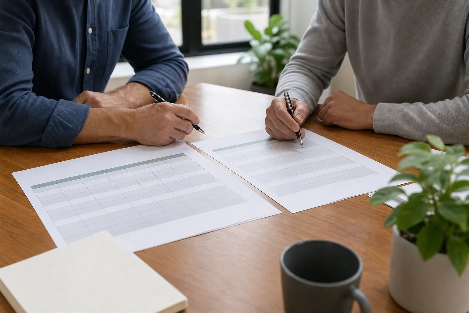 Two people hold pens over printed comparison grids on a wooden table with a notebook, mug and potted plants.