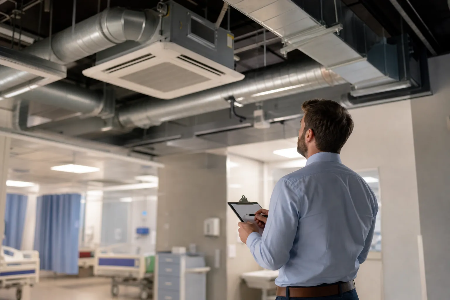 A man holding a clipboard looks up at exposed HVAC ducts and a ceiling air conditioner in a hospital ward.