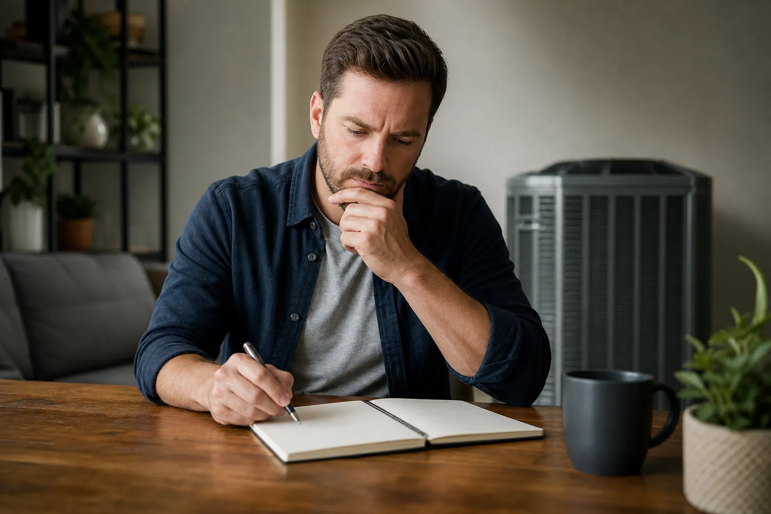 A man rests one hand on his chin while writing in an open notebook, with an HVAC unit behind him and a mug nearby.