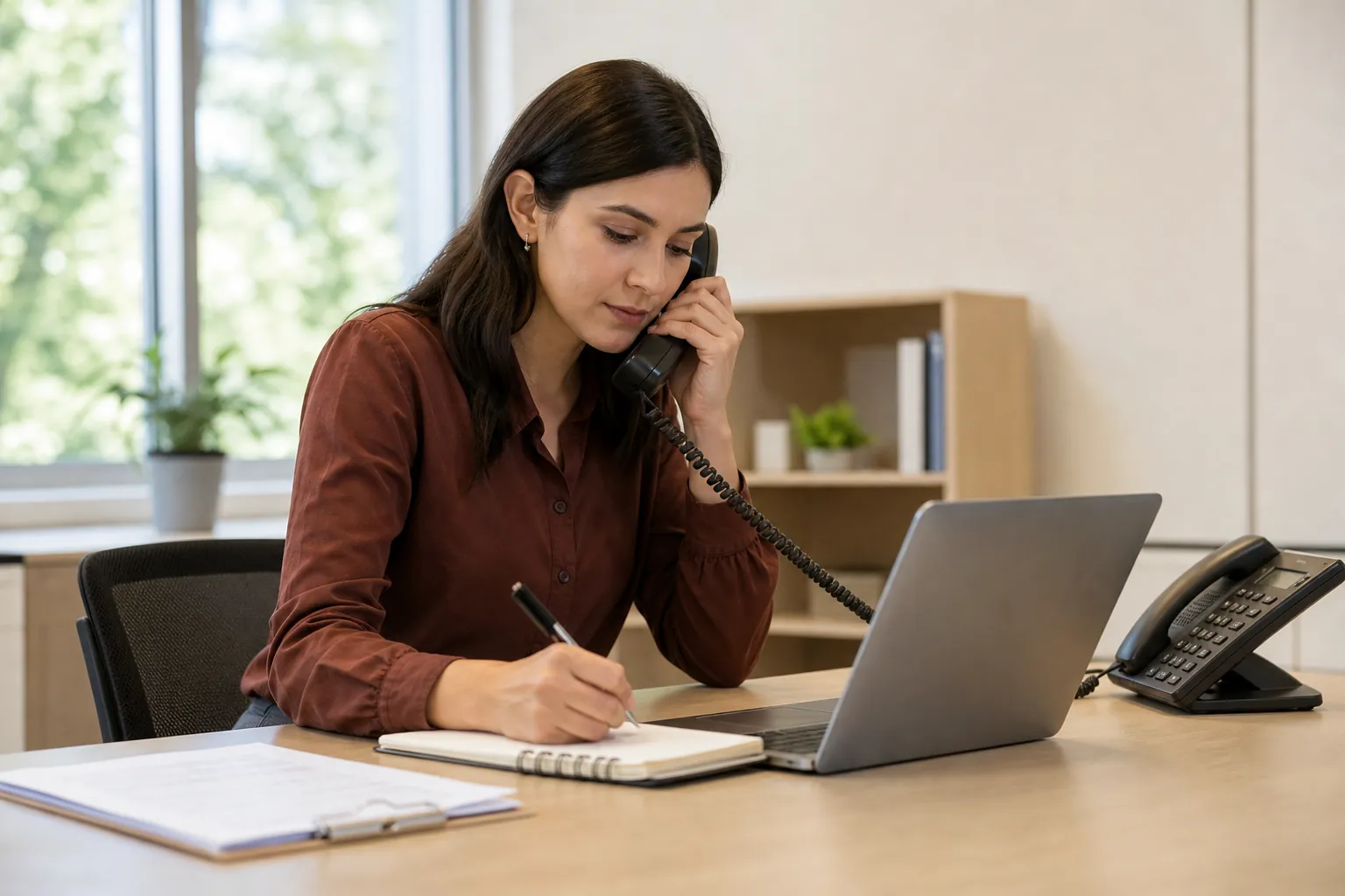 A woman holds a corded phone receiver and writes in a notebook beside an open laptop and paperwork at an office desk.