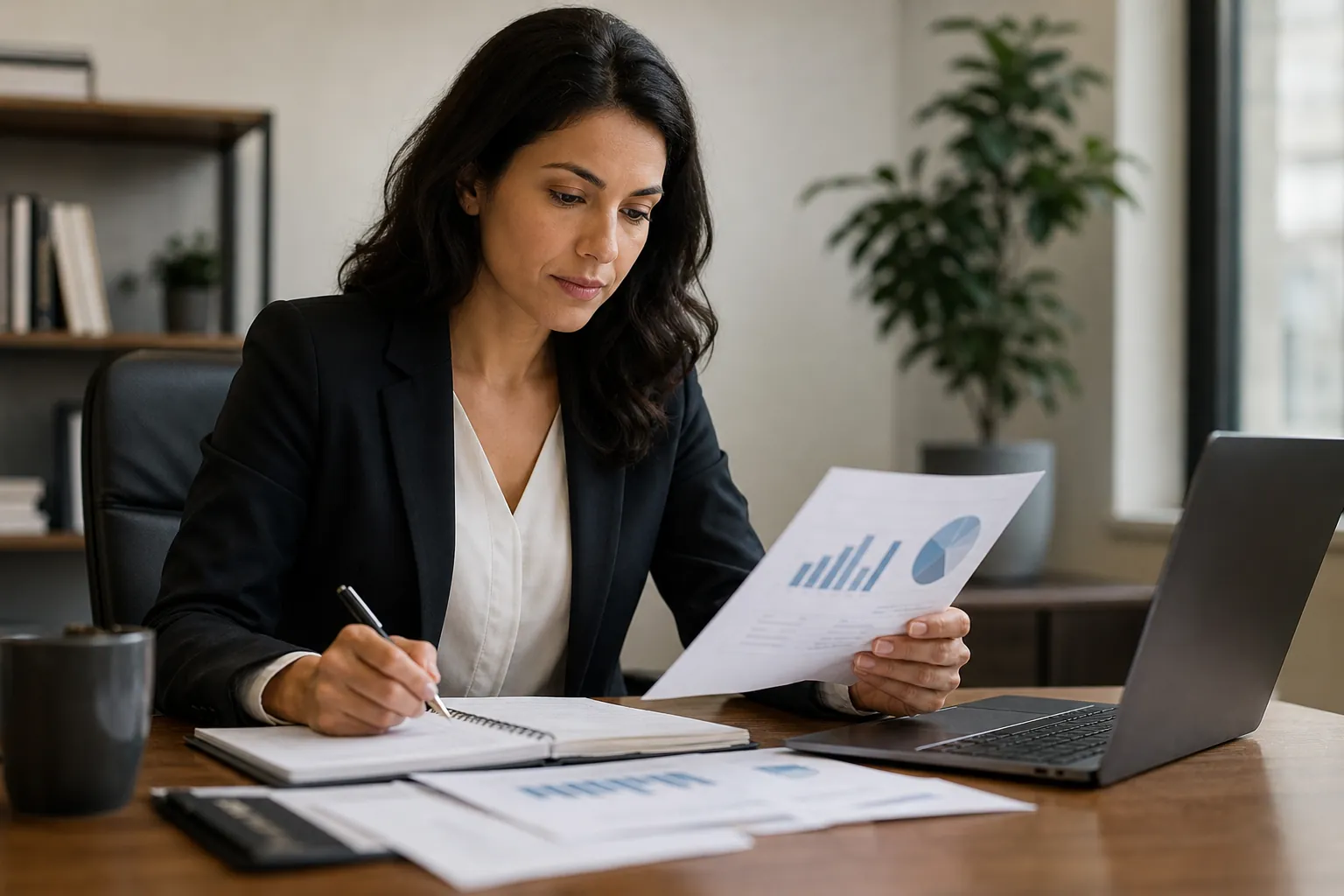 A woman reviews a printed report with bar and pie charts while writing in a notebook beside an open laptop.