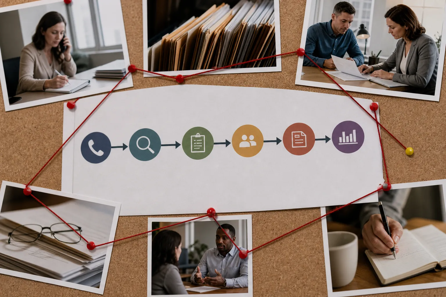 Corkboard with a six-step inquiry flowchart, surrounded by pinned photos of phone calls, paperwork, meetings, and note-taking.