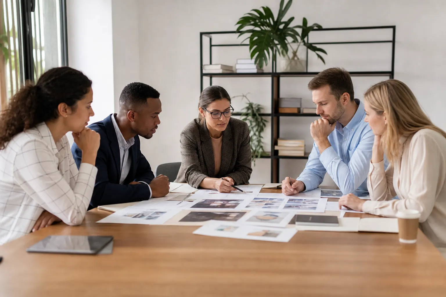 Five colleagues review printed layouts around a wooden conference table, with a tablet, notebooks, and coffee nearby.