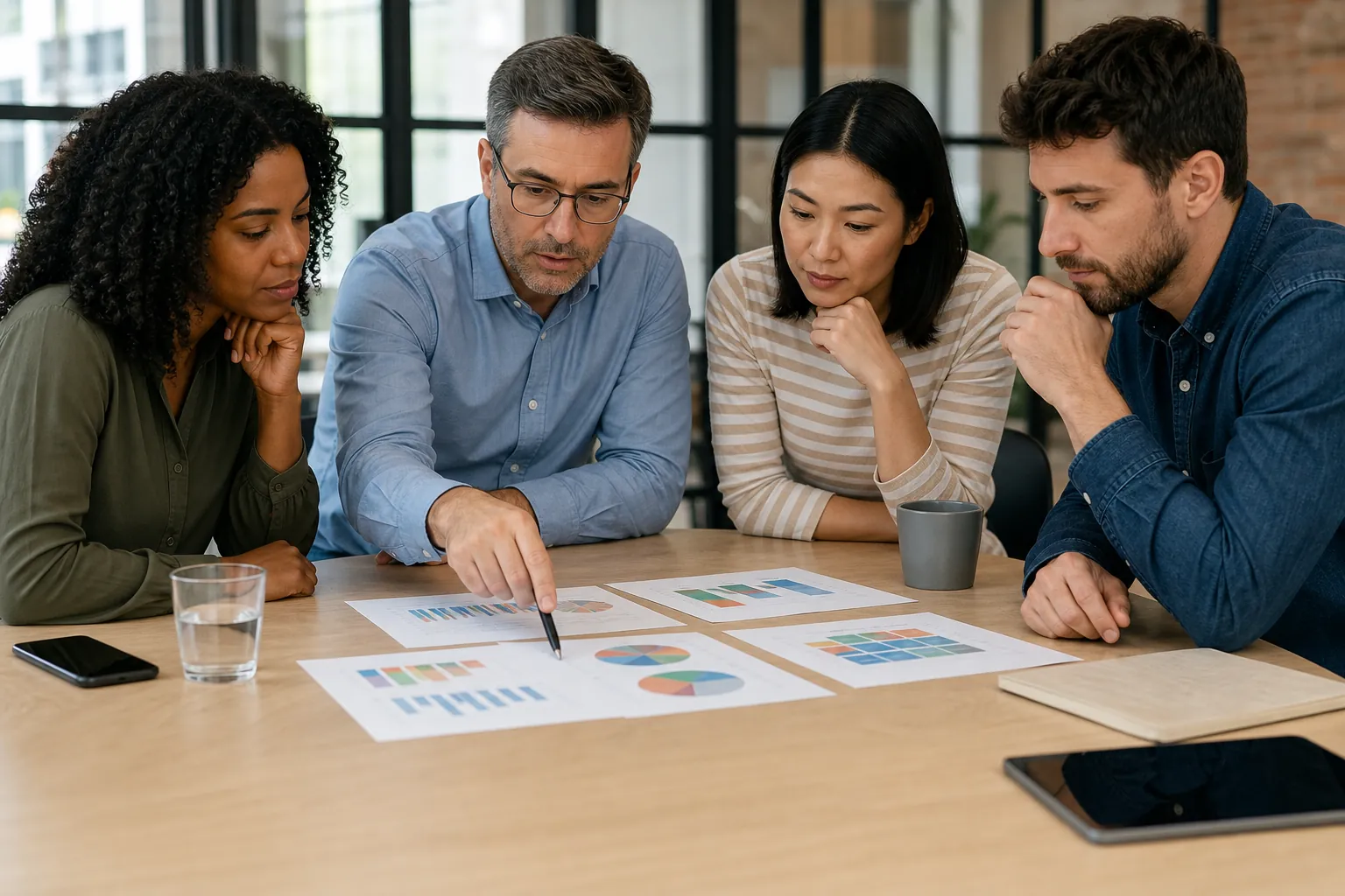 Four colleagues examine printed bar charts, pie charts and a colored grid at a table while one points with a pen.