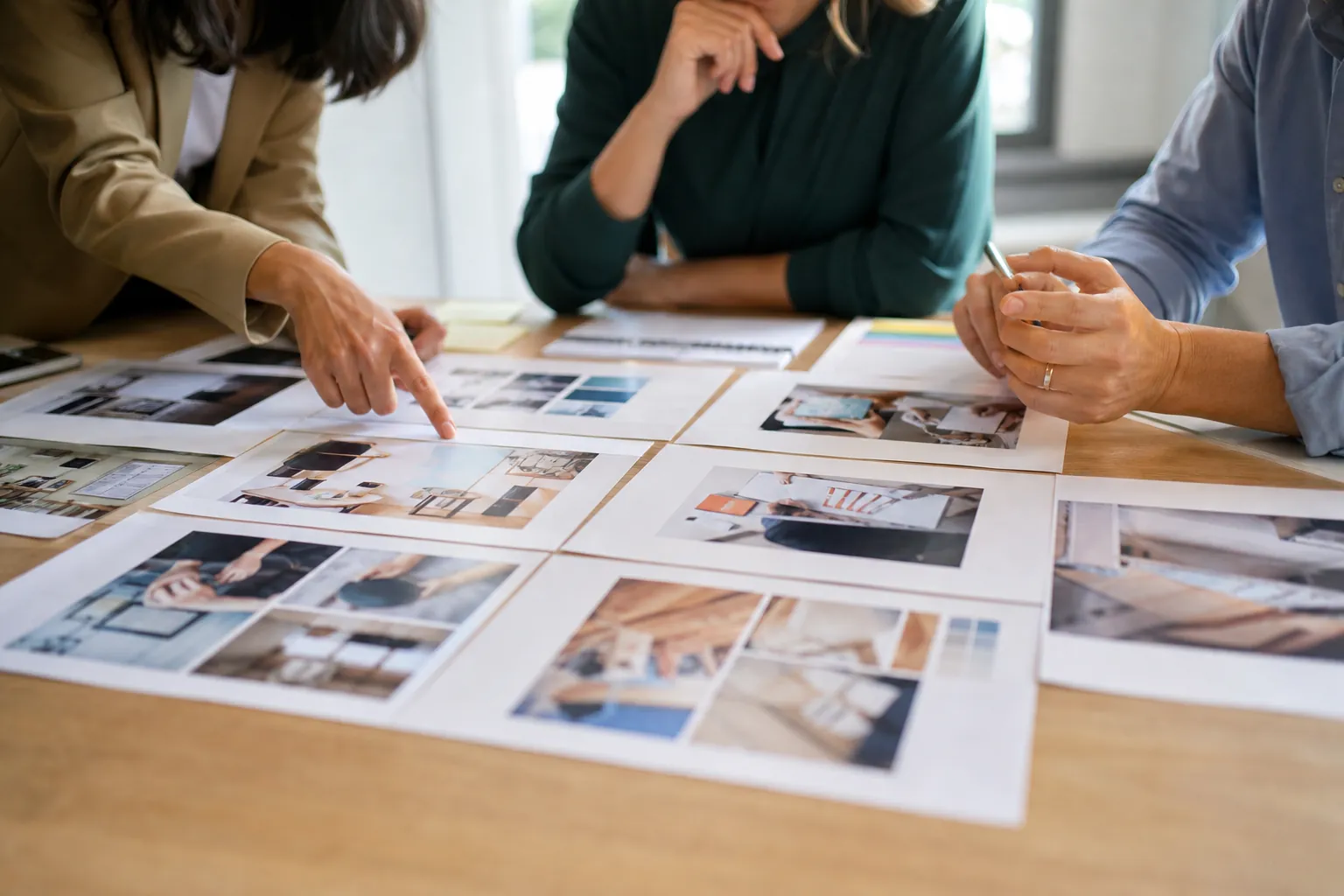 Three people review printed visual layouts spread across a wooden table, with one pointing and another holding a pen.