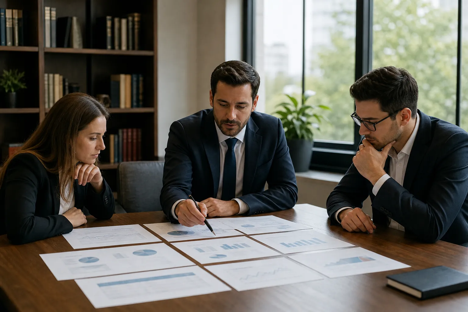 Three business professionals review printed charts spread across a wooden conference table, with one pointing at a sheet with a pen.