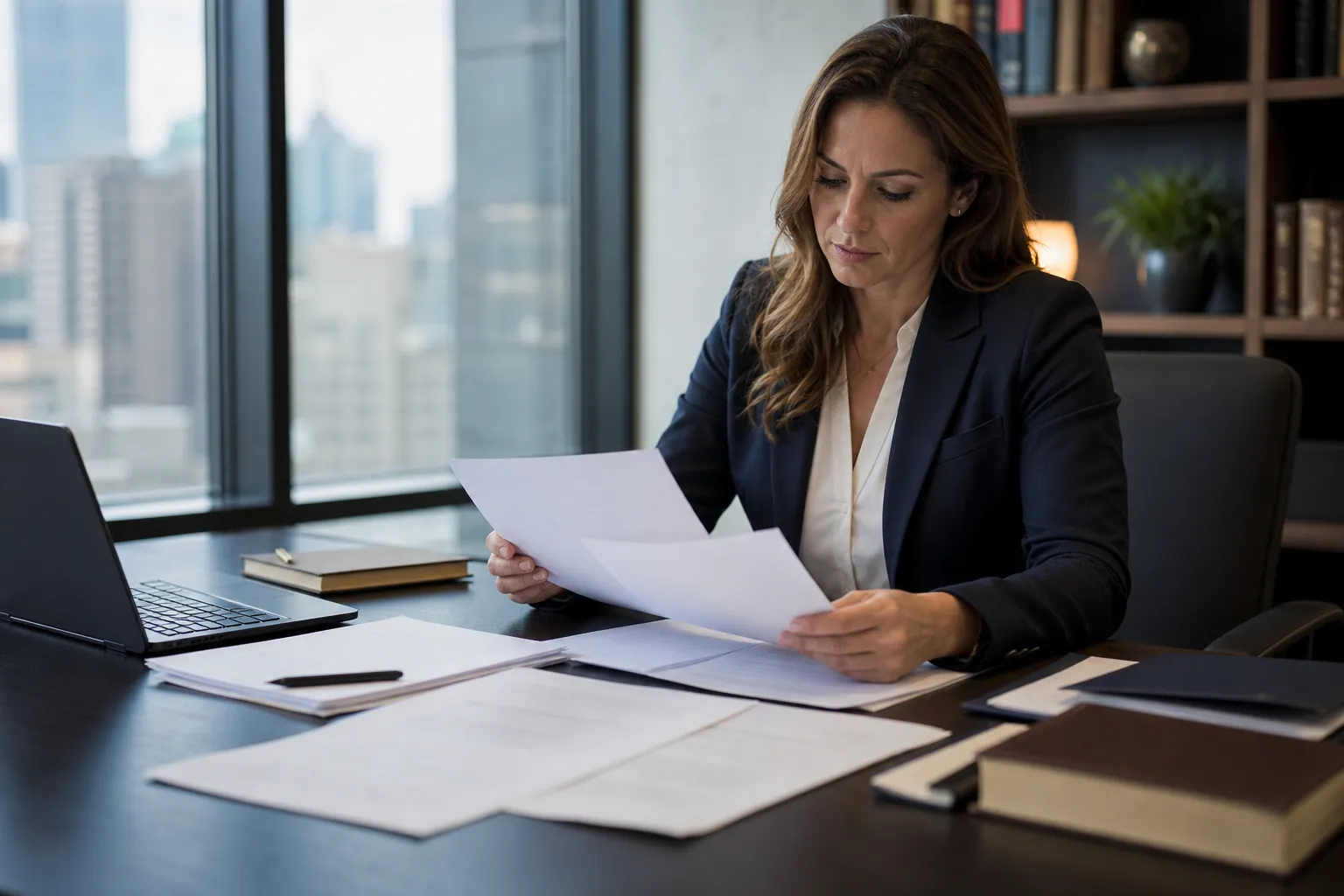 A woman in a dark blazer reviews papers at an office desk with an open laptop, documents, folders and books.