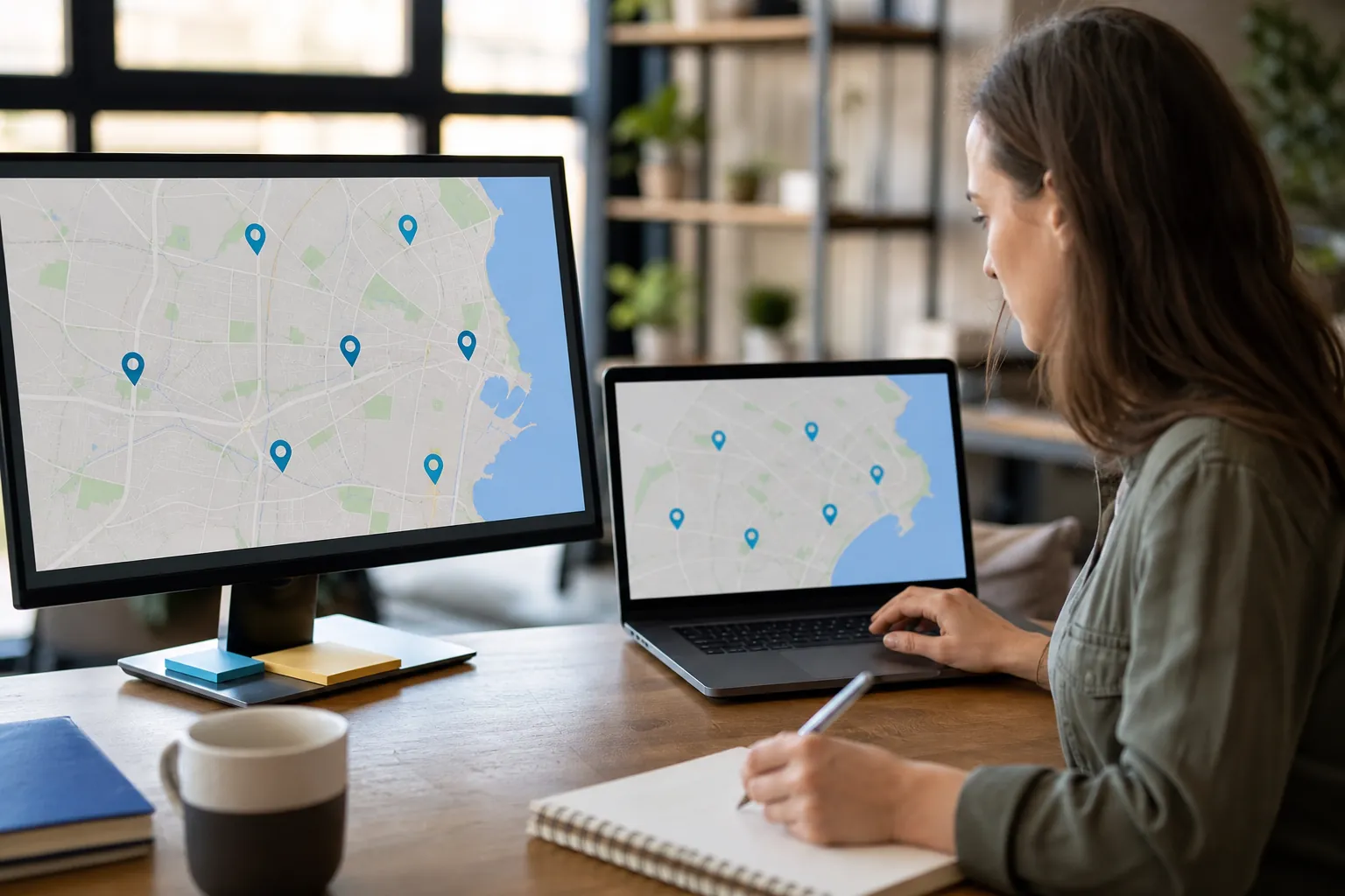 Woman taking notes at a desk while viewing maps with blue location pins on a laptop and desktop monitor.