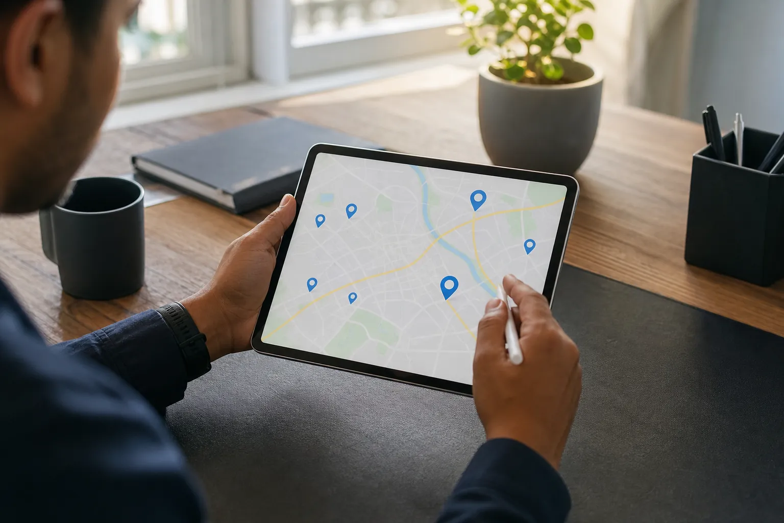 A person holds a tablet showing a map with blue location pins and points at the screen with a white stylus at a wooden desk.