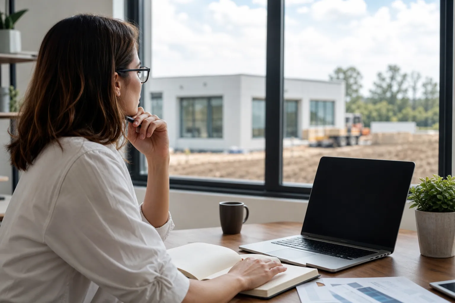 A woman sits at a desk with a laptop and open notebook, looking through a window at a building under construction.