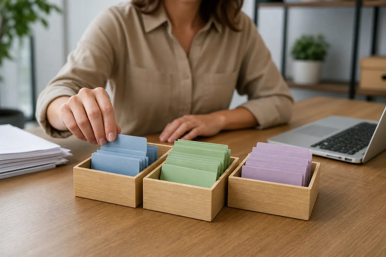 A person sorts blue, green, and purple cards into three wooden boxes on a desk beside a laptop and stacked papers.