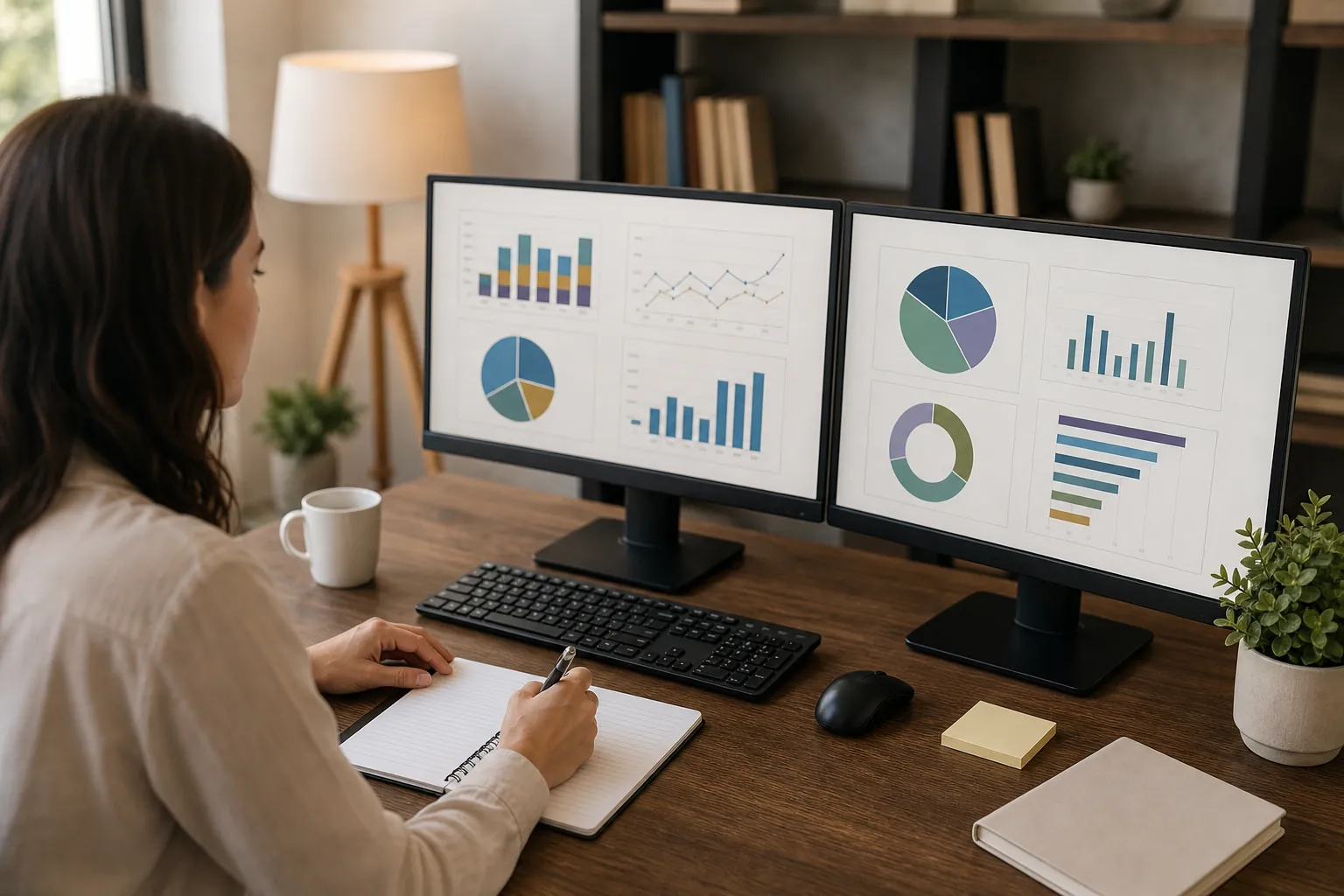 A woman writes in a notebook at a wooden desk while two monitors display bar, line, pie, and doughnut charts.