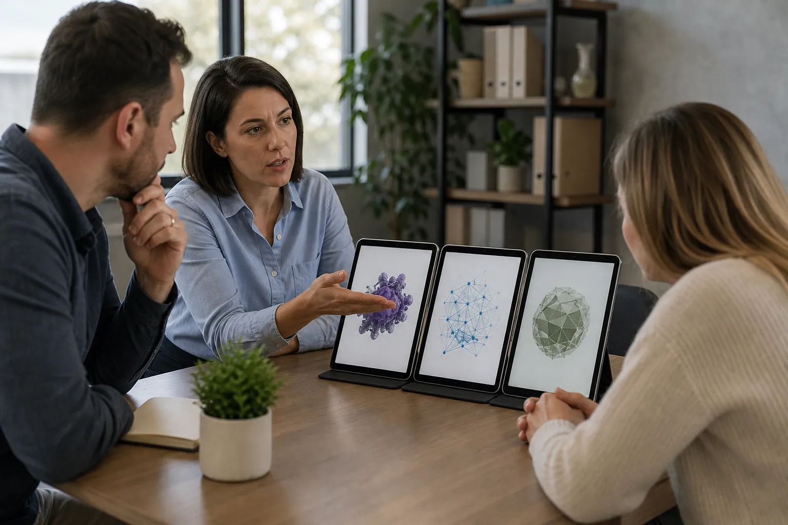 Three adults sit around a table as a woman gestures toward three tablets displaying different abstract network graphics.