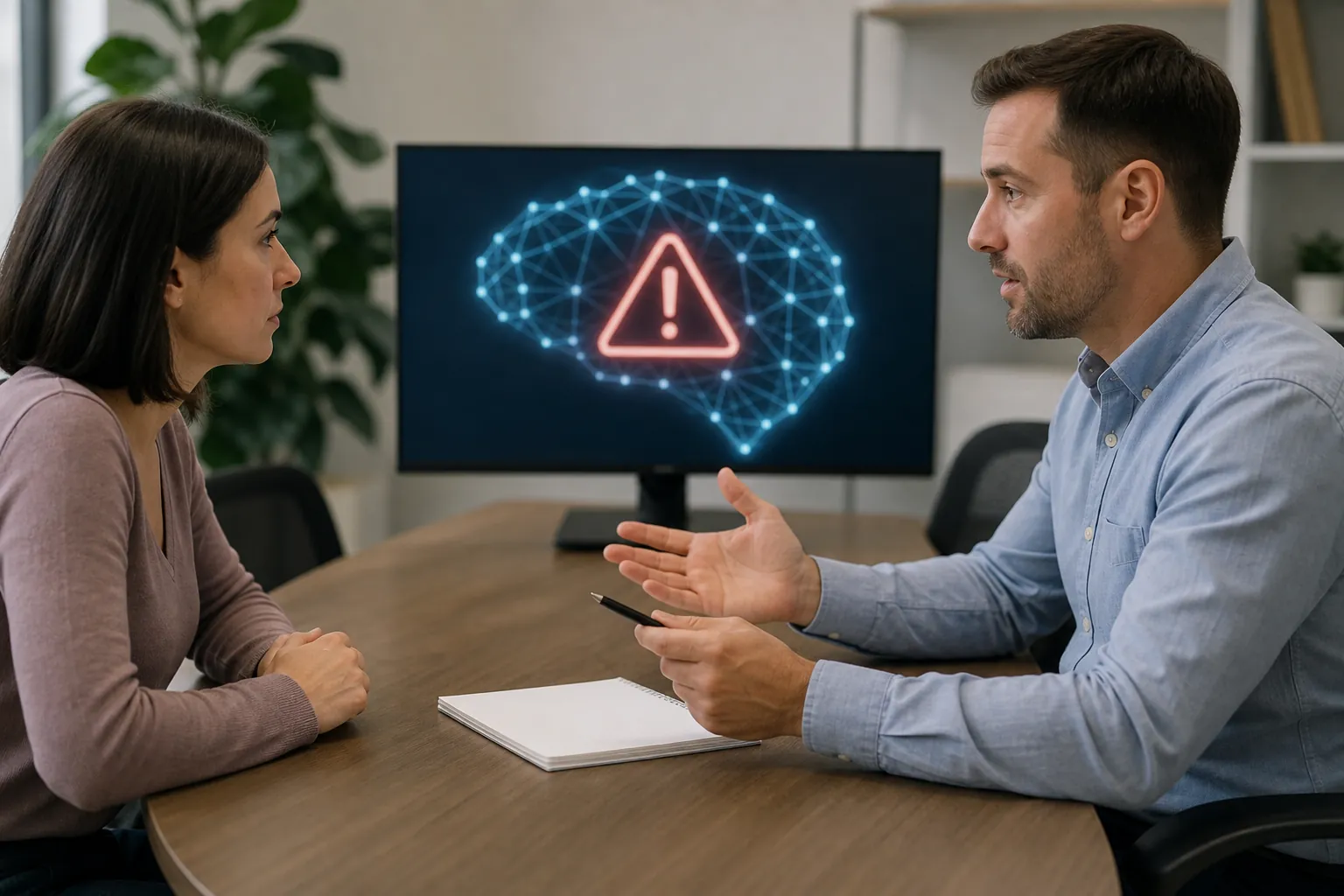 A man gestures while talking with a woman at a table, beside a monitor displaying a digital brain and warning symbol.