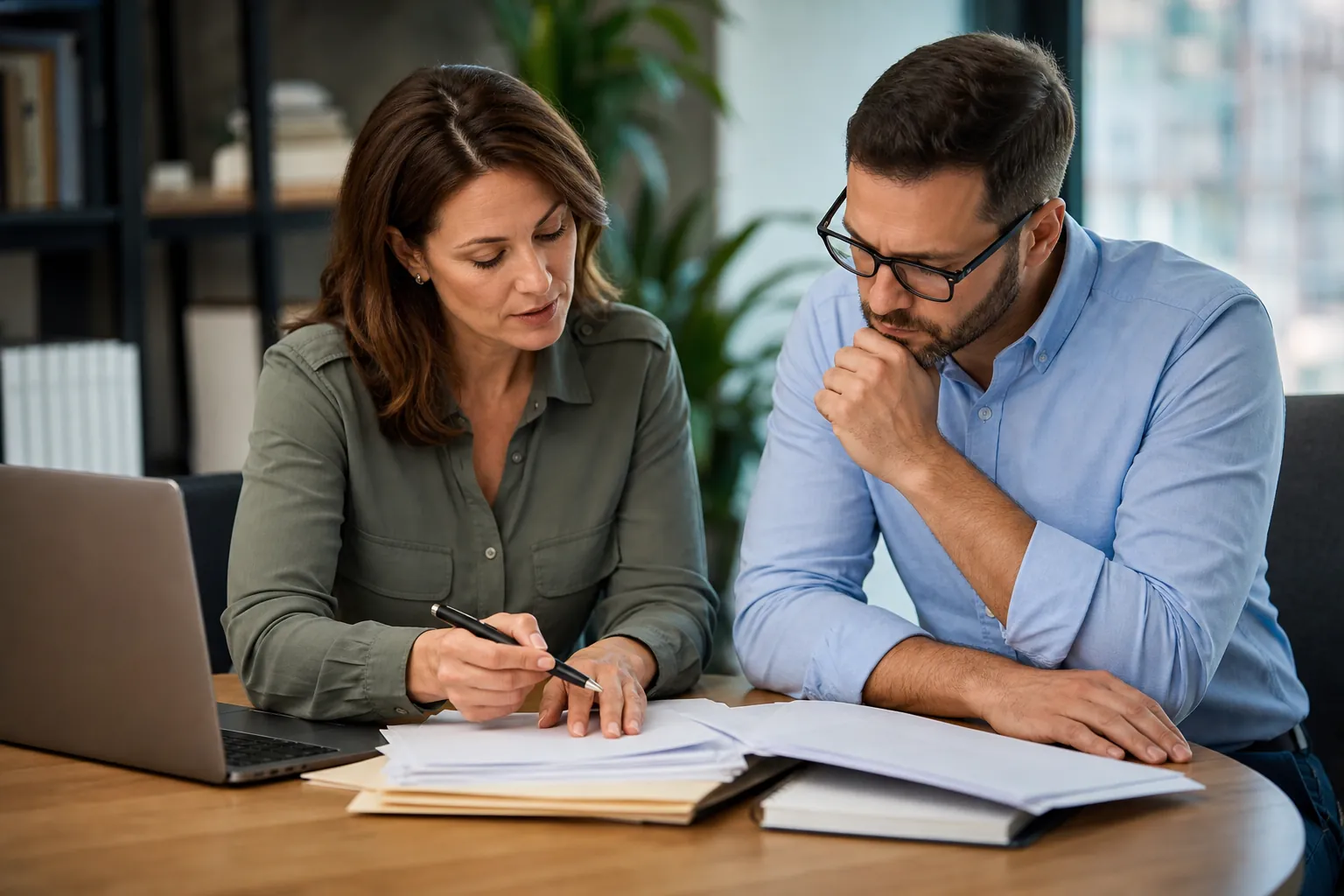 A woman holding a pen and a man wearing glasses review papers together at a wooden table beside an open laptop.