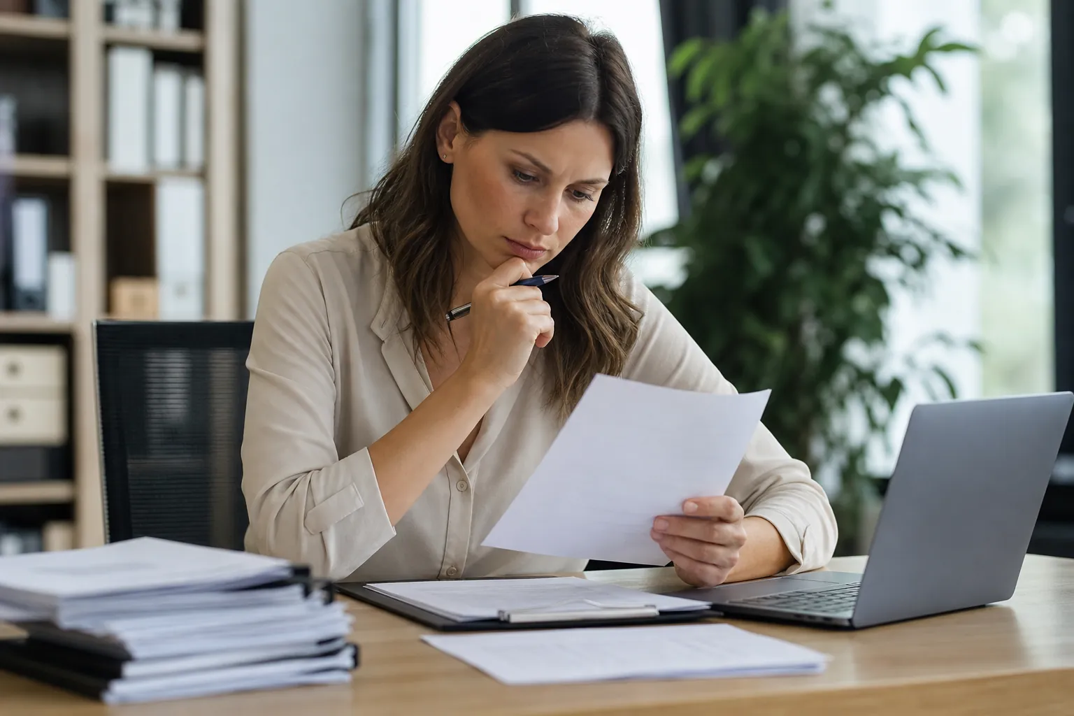 A woman studies a sheet of paper with a pen near her chin, seated at a desk with an open laptop and stacks of documents.