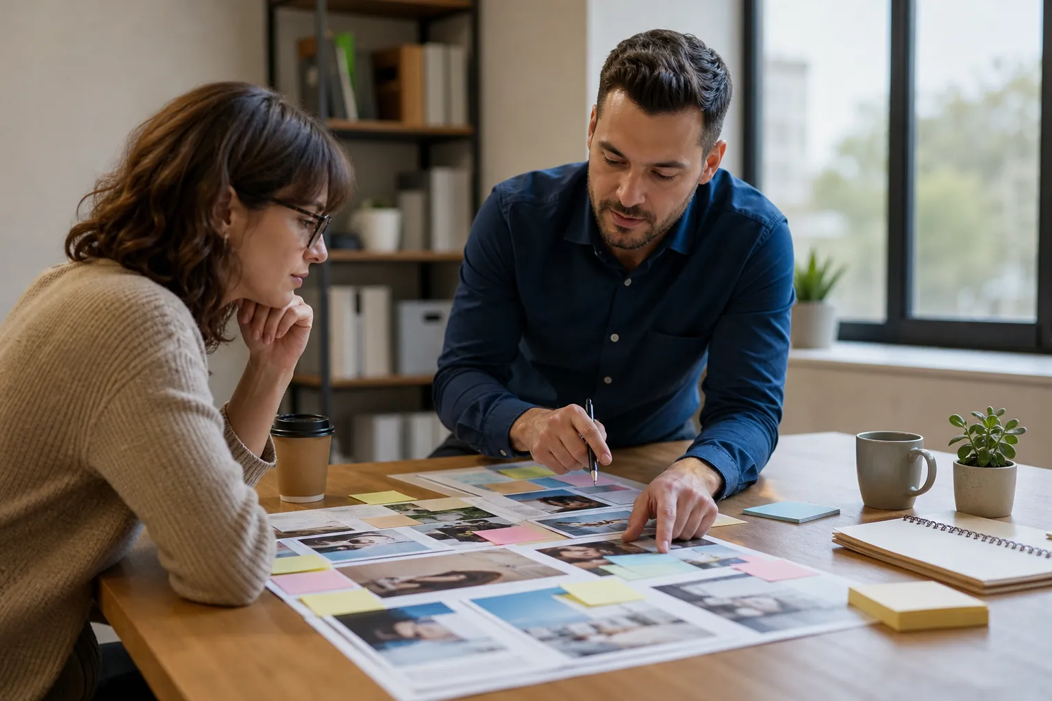 Colleagues Reviewing Content Layouts and Planning Notes Two colleagues review printed page layouts and pastel sticky notes at a wooden office table with mugs and a notebook.