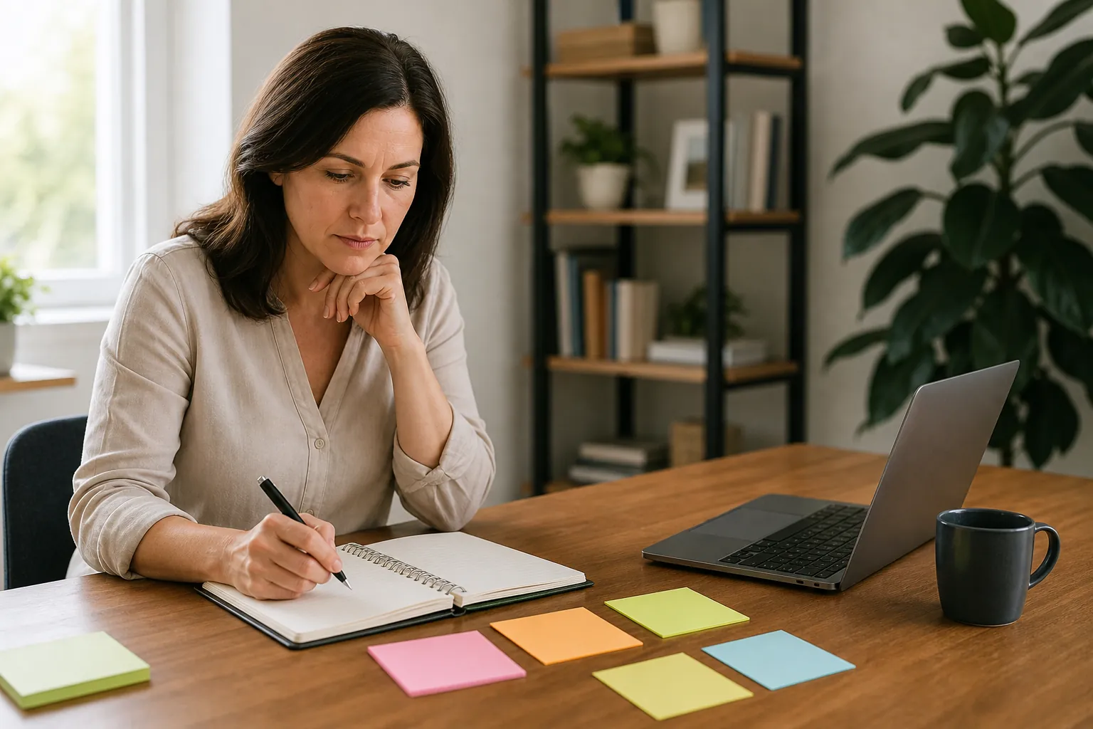 Planning Notes Beside a Laptop and Sticky Notes A woman writes in a spiral notebook beside an open laptop, colorful sticky notes, and a dark mug on a wooden desk.