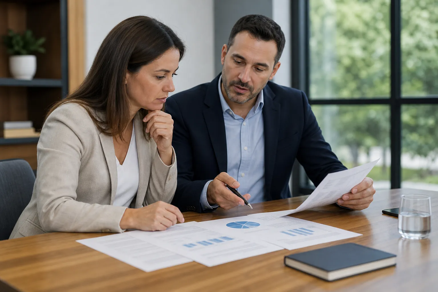Two business professionals review printed charts at a wooden table, with the man holding a pen and a sheet of paper.