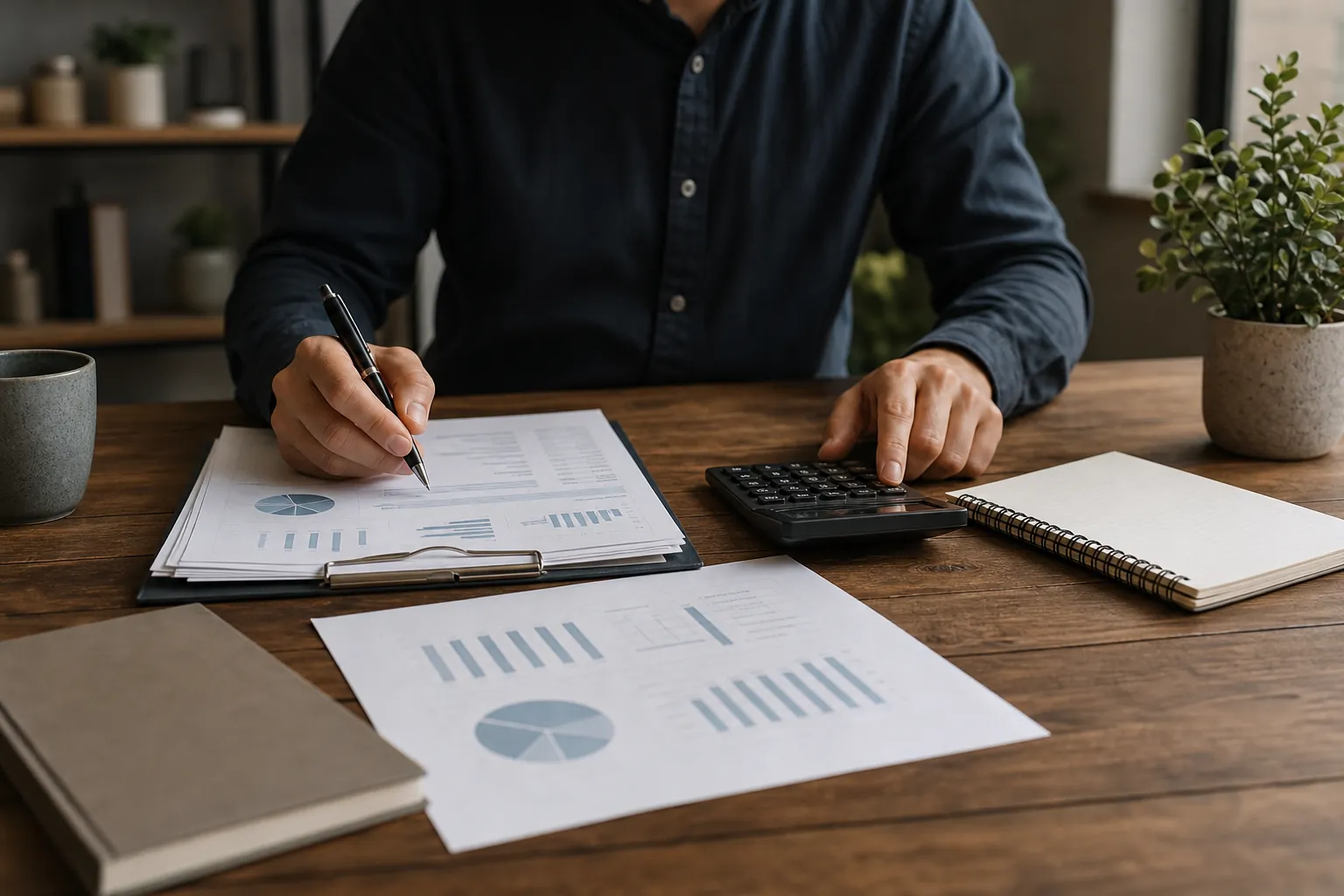 A person holds a pen over printed financial charts while using a calculator at a wooden desk with notebooks and a potted plant.