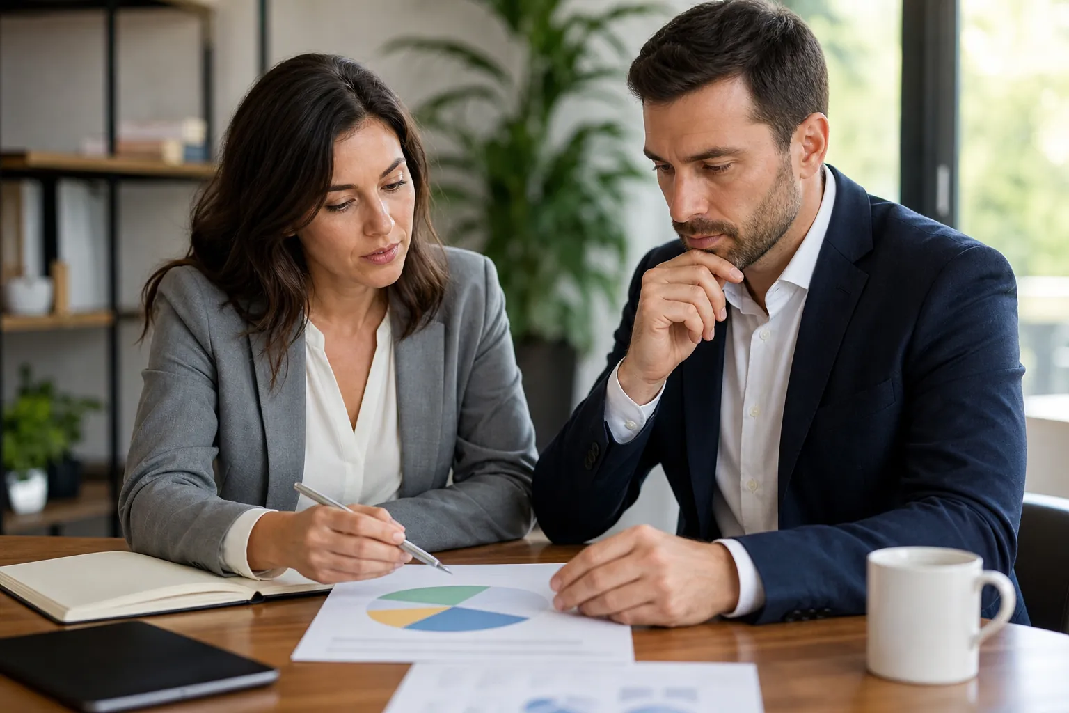 Two business professionals review a printed pie chart at a wooden desk with an open notebook, tablet, and white mug.