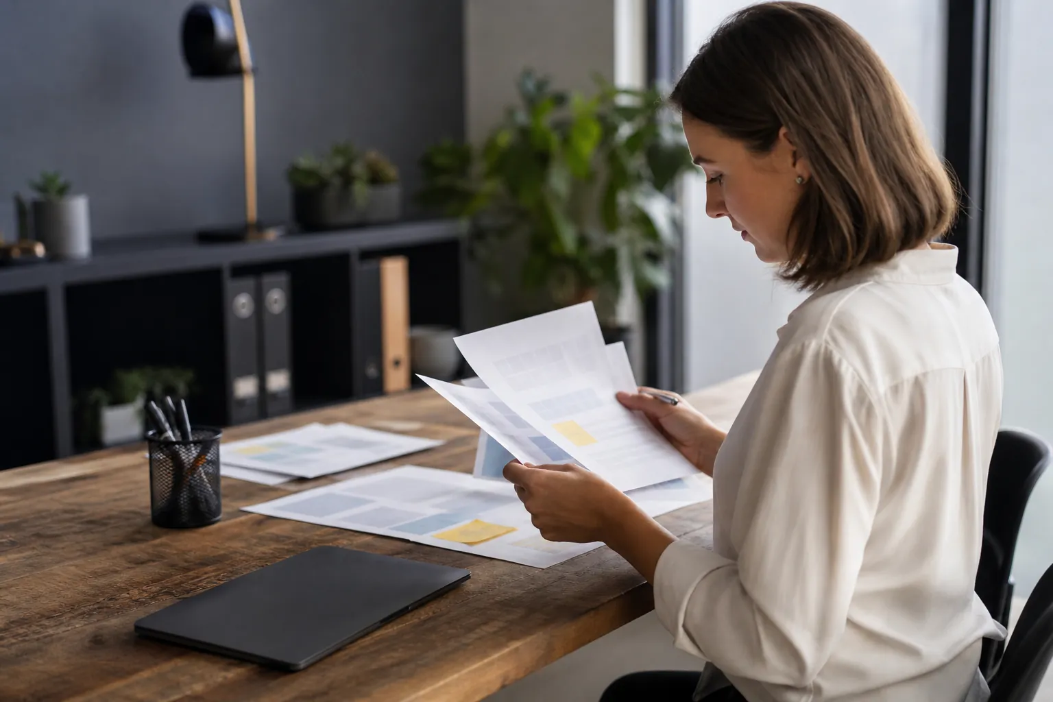 A woman reviews printed sheets at a wooden desk with yellow sticky notes, a closed laptop, and a pen holder.