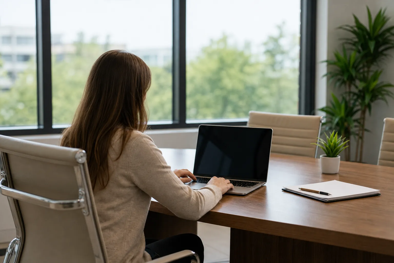 A woman seated at a wooden conference table uses a laptop with a dark screen, beside a notebook, pen, and small plant.