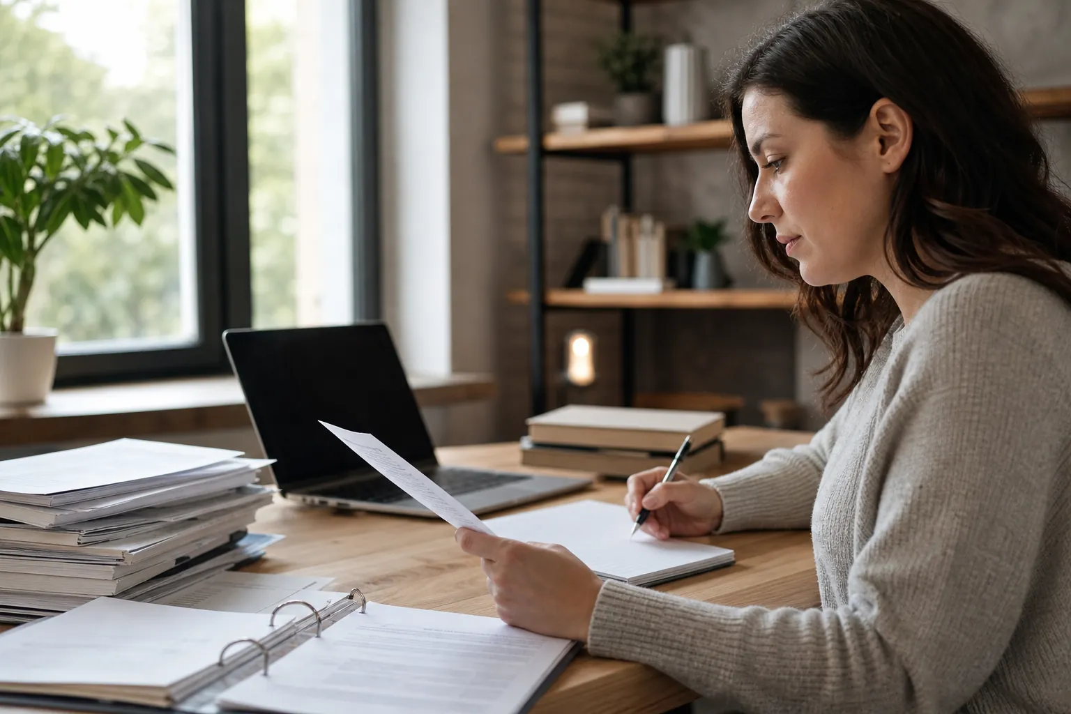 A woman reviews a printed sheet and writes in a notebook beside an open laptop, binder, and stacks of documents.
