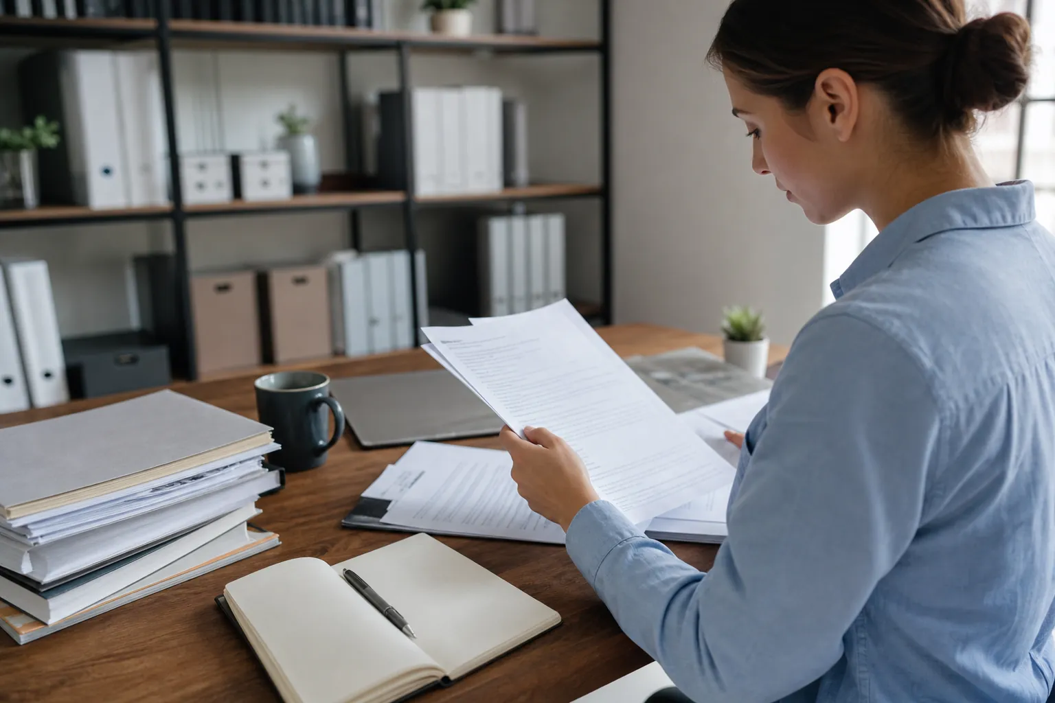Reviewing Printed Documents at an Office Desk A woman reviews printed documents at a wooden office desk with stacked folders, an open notebook, a pen, and a mug.