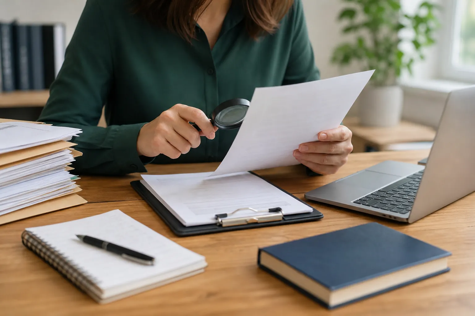 Reviewing Documents With a Magnifying Glass A person examines a sheet with a magnifying glass at a desk with stacked documents, a clipboard, notebook, book and laptop.