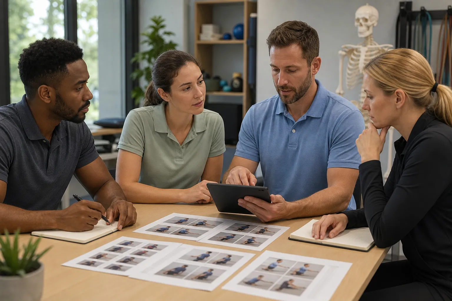 Four adults review a tablet and printed exercise photos around a table in a room with an anatomical skeleton and resistance bands.