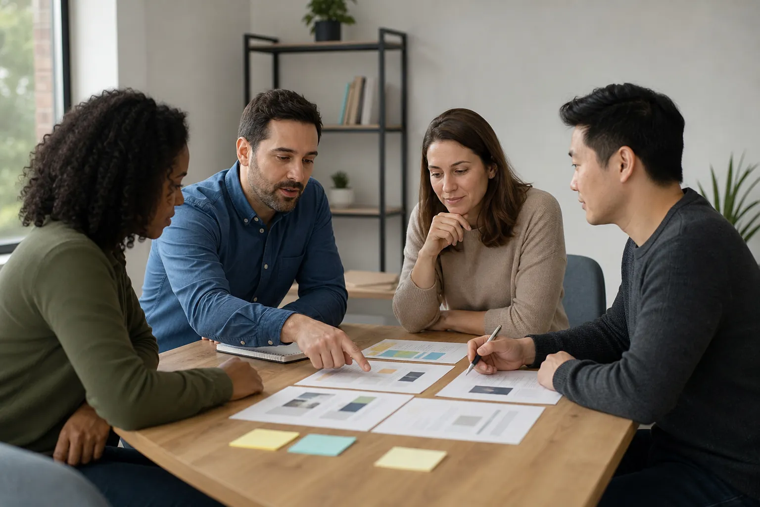 Four adults review printed page layouts around a wooden table, with one pointing at a page and another holding a pencil.