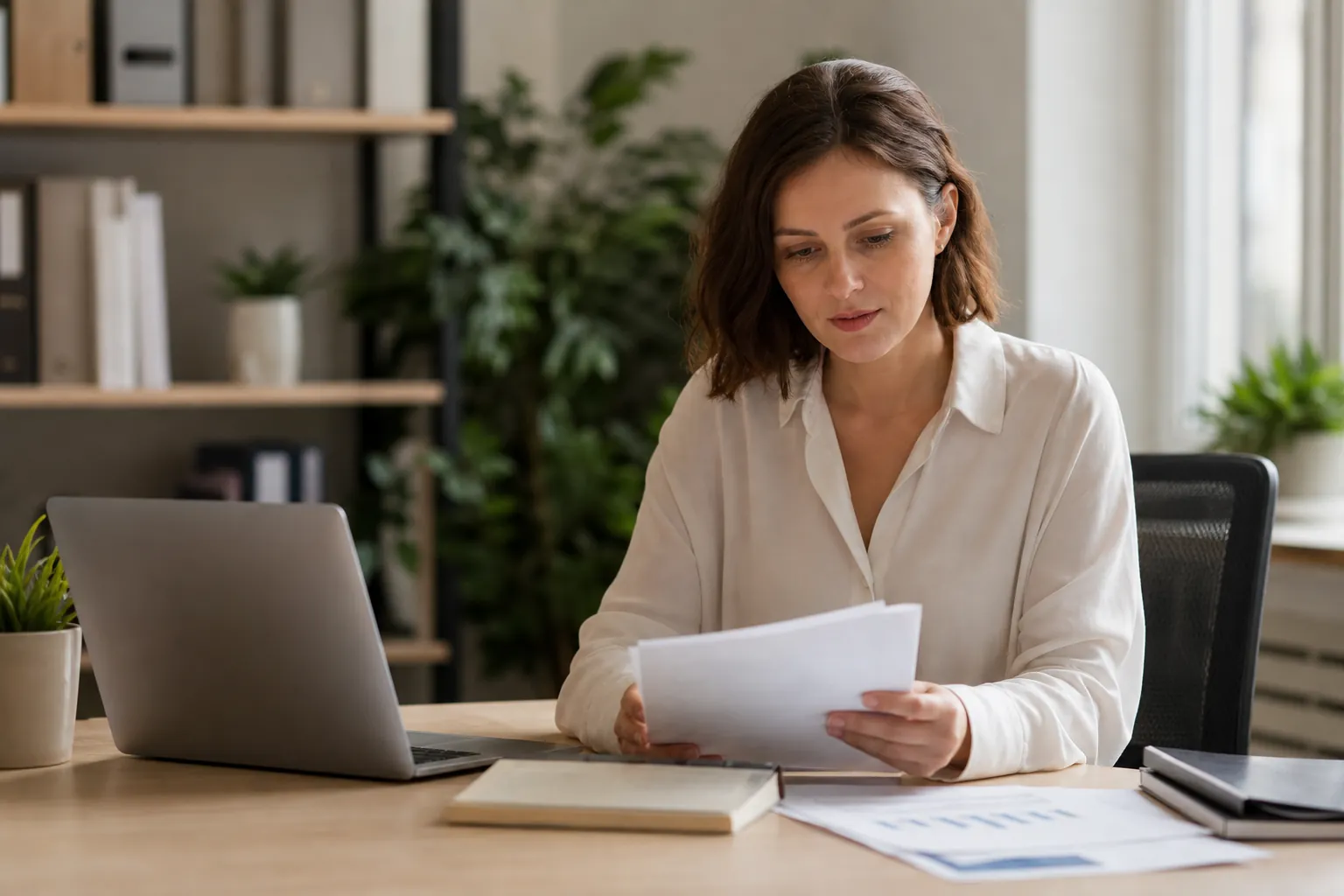 A woman reviews printed pages at an office desk beside an open laptop, a closed notebook, and charts.