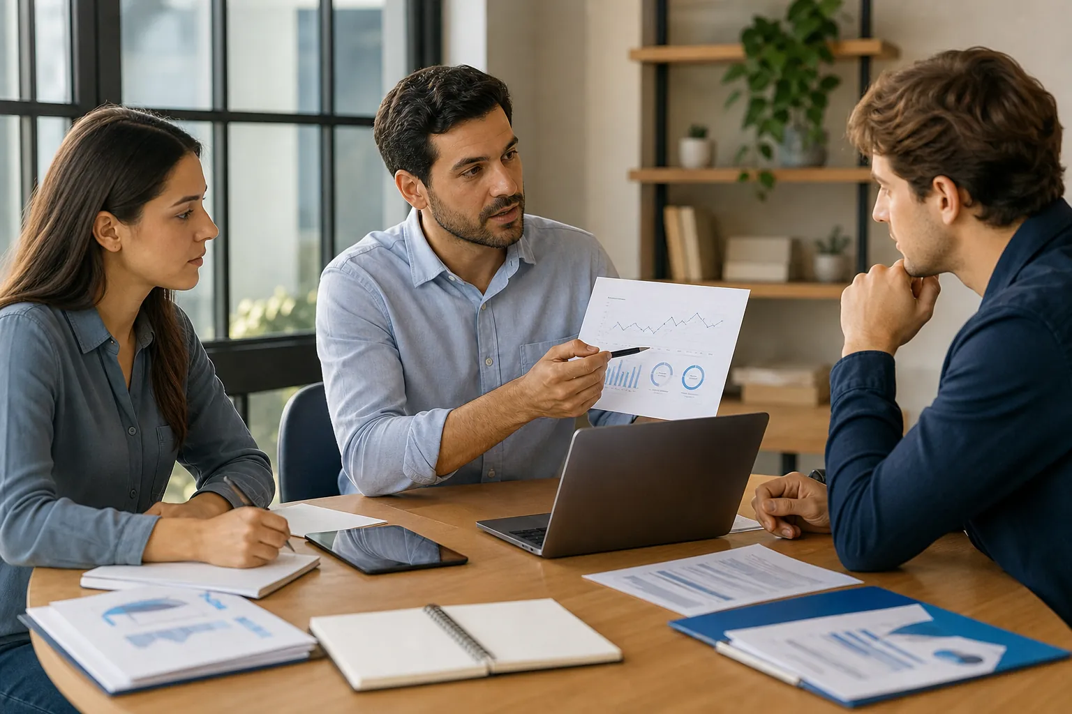 Three colleagues review printed charts at a wooden table with a laptop, tablet, notebooks, and reports in a bright office.