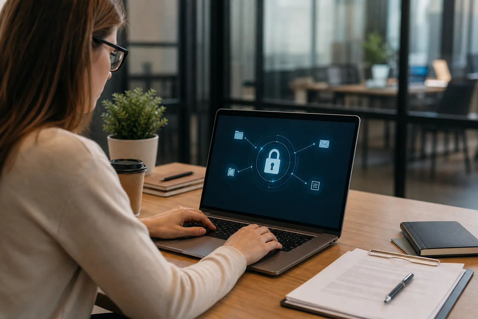 Woman wearing glasses types on a laptop displaying a padlock icon, with notebooks, a coffee cup and a clipboard on the desk.