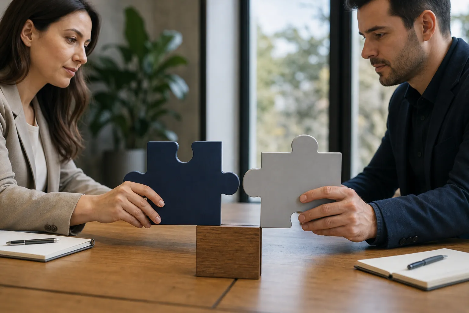 A woman and a man hold separate oversized blue and gray puzzle pieces above a wooden table with notebooks and pens.