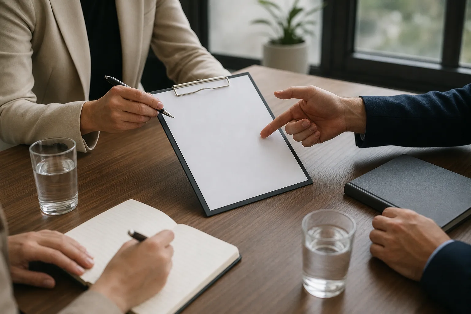 Three people sit around a wooden table, pointing at a blank clipboard and taking notes beside two glasses of water.