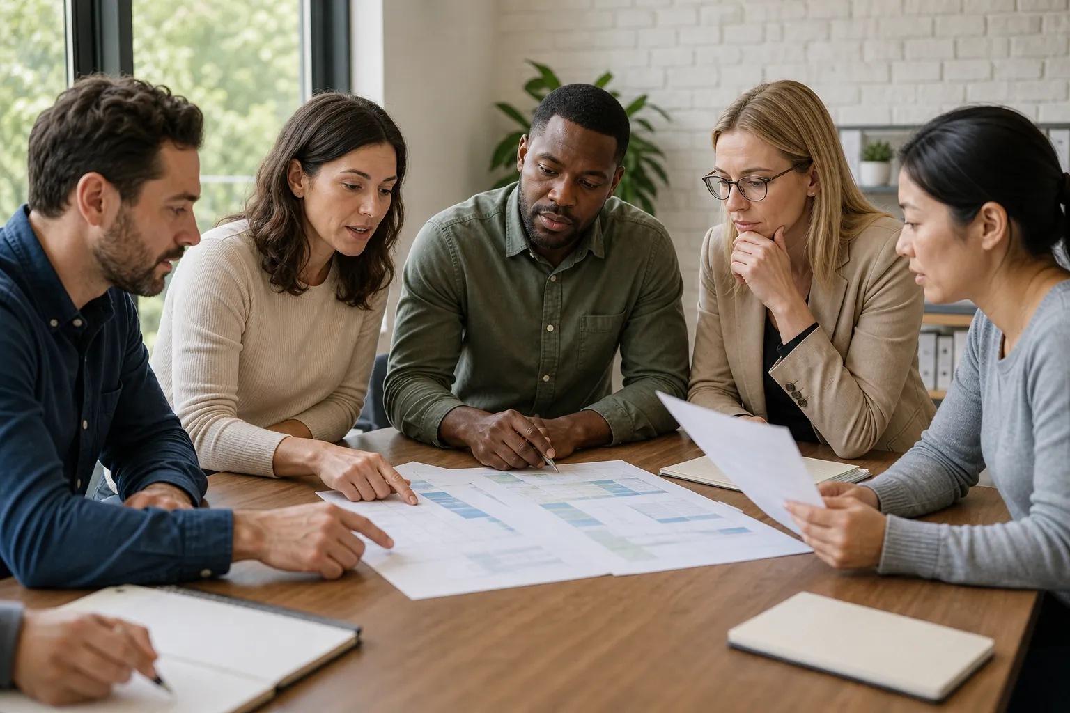 Five colleagues gather around a wooden table, reviewing printed charts while one holds a sheet and others point to the data.