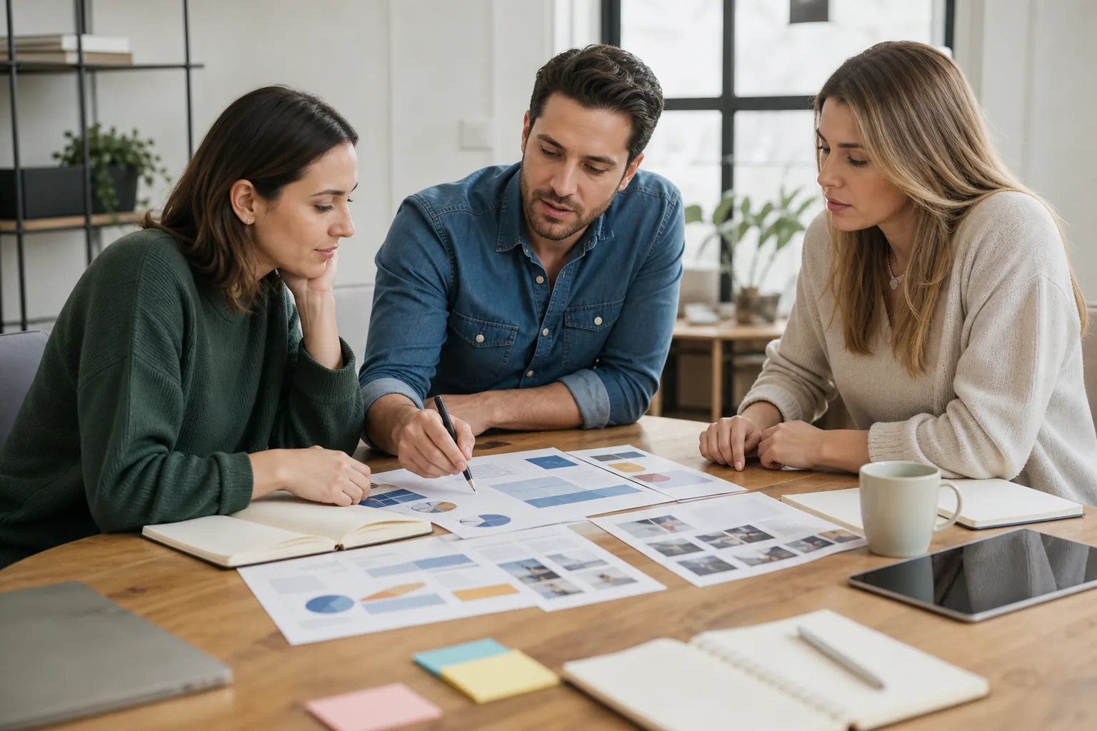 Three colleagues review printed charts and page layouts at a wooden table with notebooks, a tablet, and a coffee mug.
